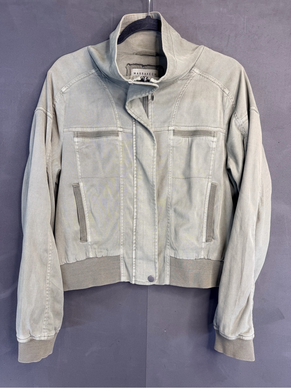 Anthropologie Marrakech Sage Green Bomber Funnel Neck Size Medium Fitted Hem